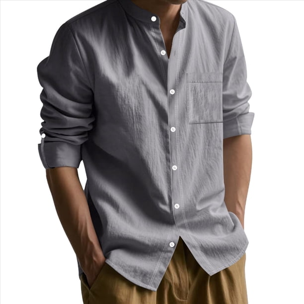 Camisa de y Algodón para Hombre, de Larga, Sin Cuello, Informal, con Botones, Transpirable, para Playa. Gris Oscuro S