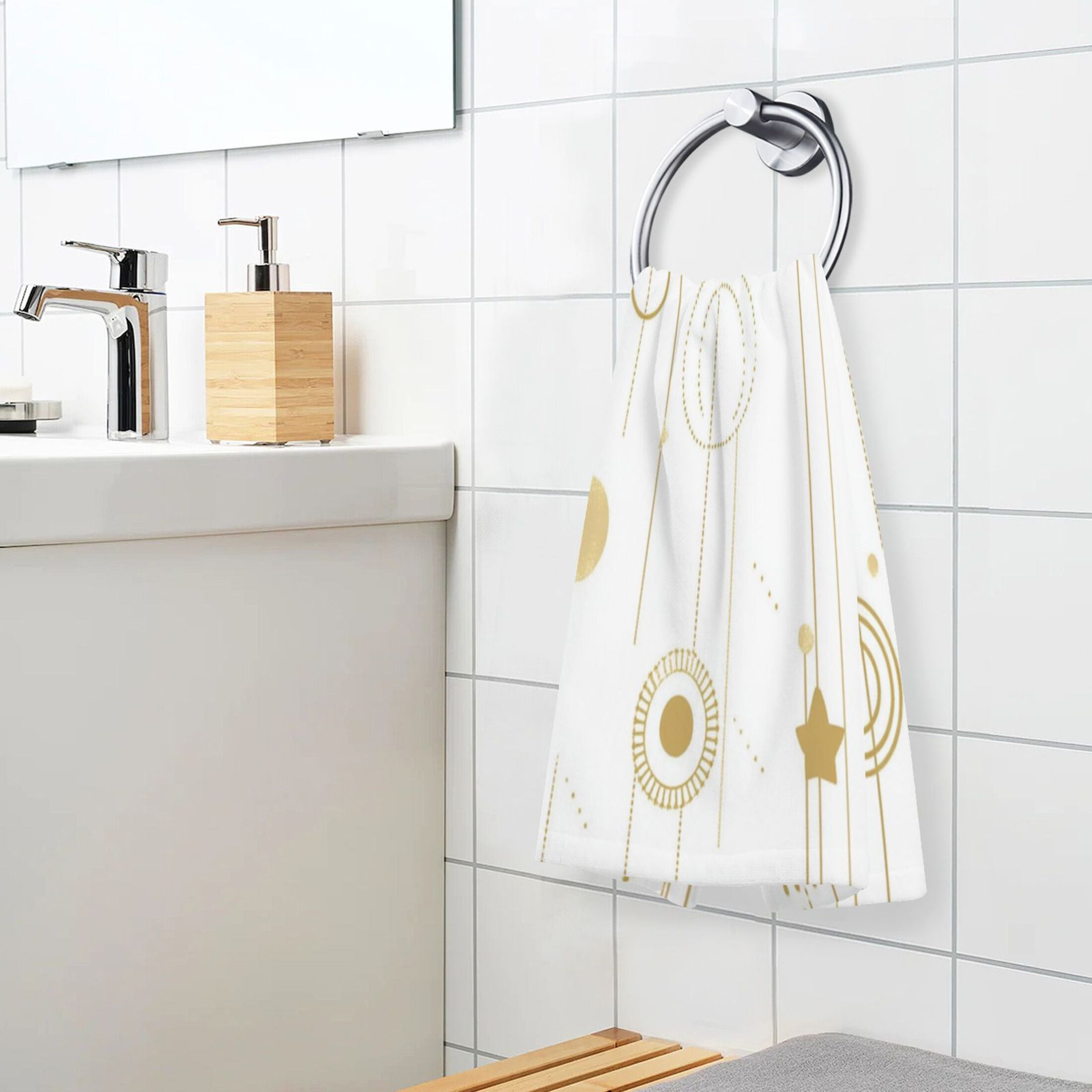 2 Pcs Absorbent Face Towel Bath Hand Towels Soft Breathable Cotton Towel Set for Bathroom Kitchen Hotel Spa Decor Gold and White Geometric Pattern