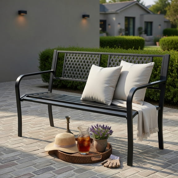 Resenkos Modern Patio Seating Furniture for Porch, Courtyard, Garden, Metal Outdoor Loveseat Bench for 2-3 People, Black