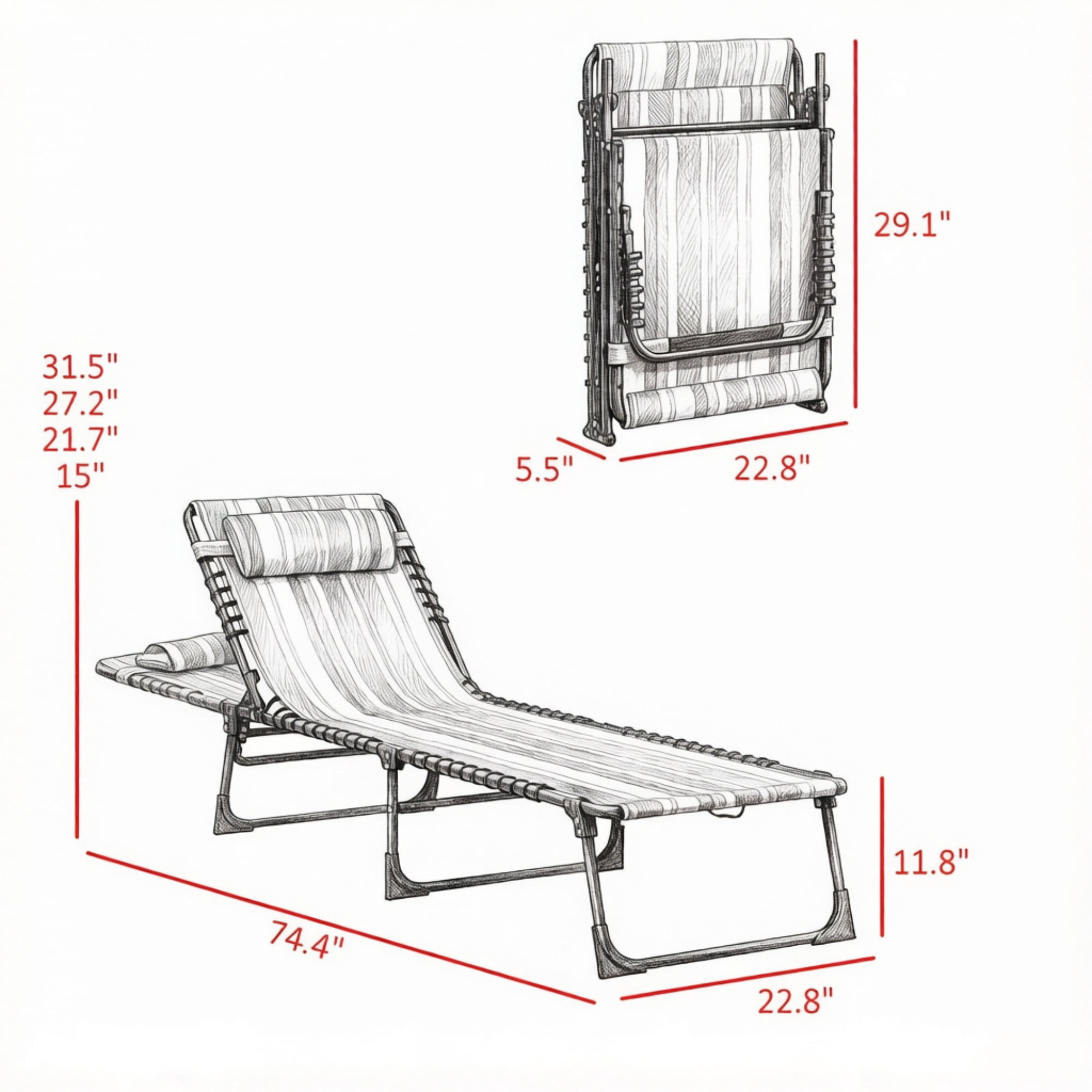 2 Folding Outdoor Lounge Chairs, for Beach Camping Use, Pillow, Mesh & Bungee Seat, Striped