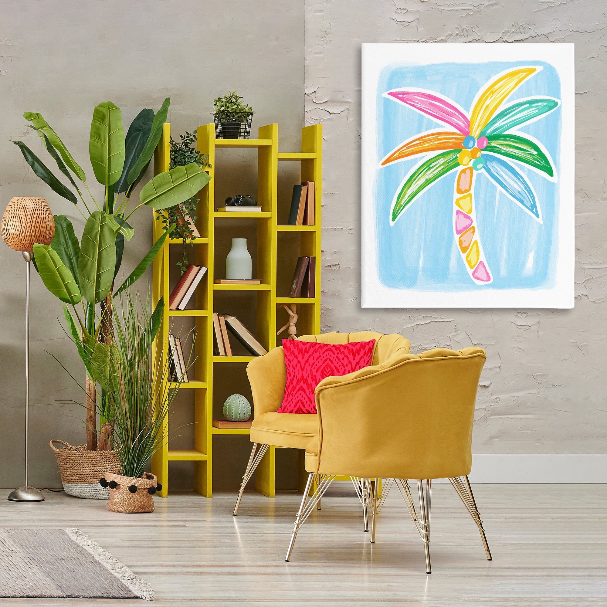 Stupell Industries Pastel Palm on Blue Botanical & Floral Painting Gallery Wrapped Canvas Art Print Wall Art, 36 x 48