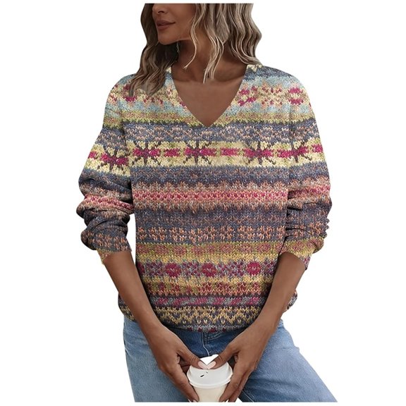 Women's Long Sleeve Shirts Casual V Neck Pullover Sweatshirts Trendy Striped Plus Size Tunic Tops Spring Going Out Top