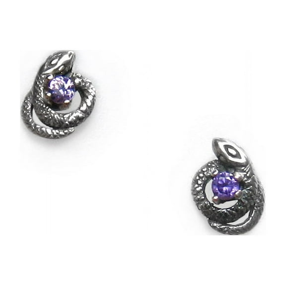 Sterling Silver Gemstones and Encircling Snakes Stud Post Earrings, Amethyst