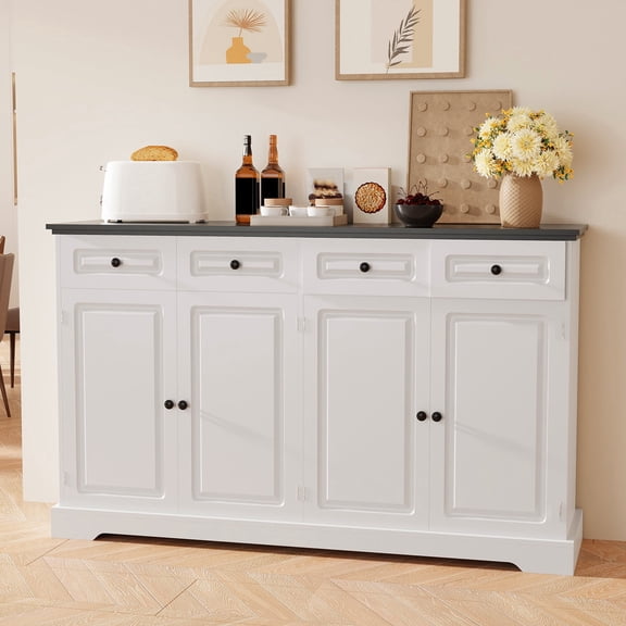 60" Sideboard Buffet Cabinet with Storage with 4 Drawers, Sideboard Storage Cabinet with Adjustable Shelves, Large Kitchen Pantry with Decorative Paneling (Wood   White)