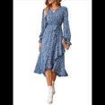 thumbnail image 2 of Vestido Maxi Bohemio Floral de Verano para Mujer, Cruzado, de Larga, con Cuello en V y Volantes, Corte A, Fluido, para Invitadas de Boda. Azul S, 2 of 10