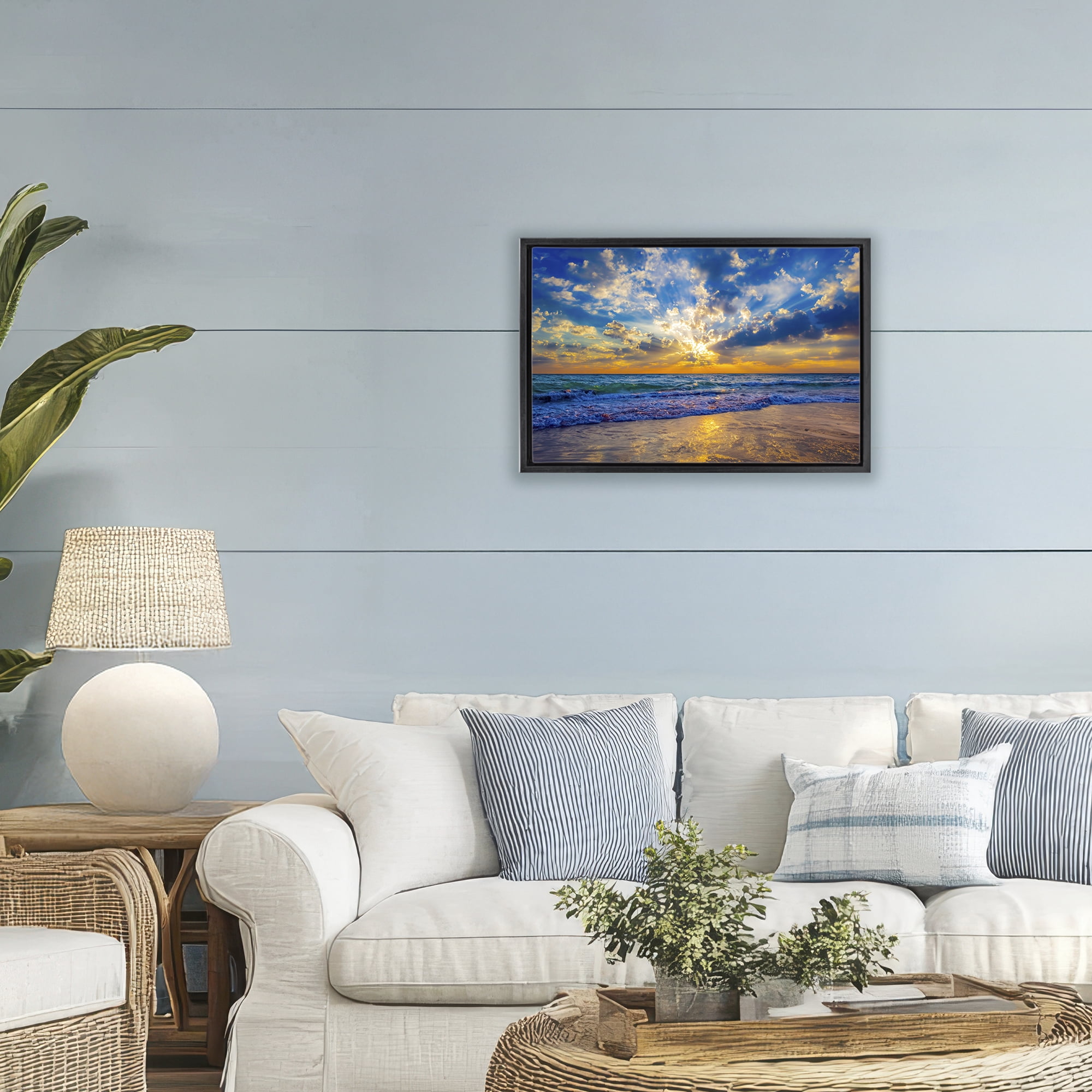 Stupell Industries Golden Blue Sun Ray On Beach Black Framed Floater Canvas Wall Art, design by Eszra Tanner