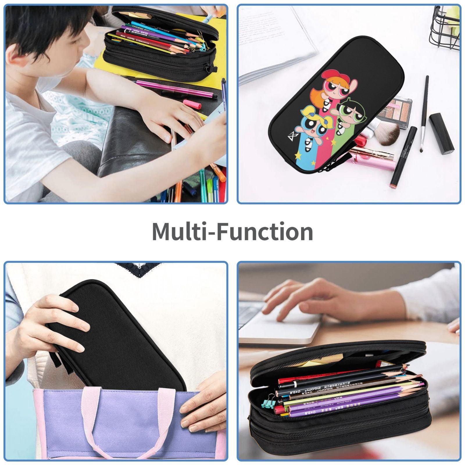 The Powerpuff Gi-rls Pencil Case Large Capacity Pencil Pouch Penbag Office Stationery Organizer Travel Makeup Bag Black