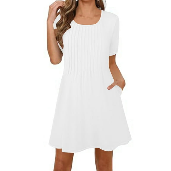 Qingpeng Women's Summer Casual Loose T Shirt Dress Short Sleeve Scoop Neck Swing Sundress for Beach