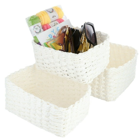 Stackable Wicker Baskets, White Paper Rope Woven Storage Bin, Household Decorative Organizer, 3 Piece Rectangular Set
