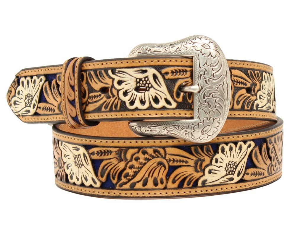 Nocona Western Mens Belt Leather Embossed Floral Tan N2412108