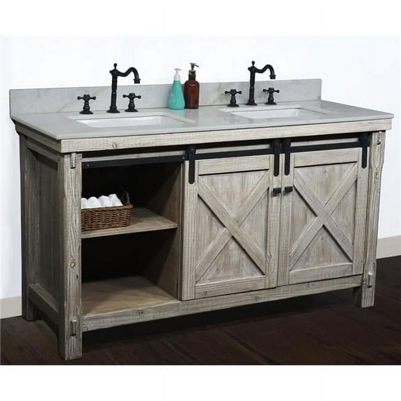 InFurniture WK8560-AP TOP 60 in. Rustic Solid Fir Barn Door Style Double Sinks Vanity with Arctic Pearl Quartz Marble Top, Driftwood - No Faucet - 61 x 34.6 x 22 in.