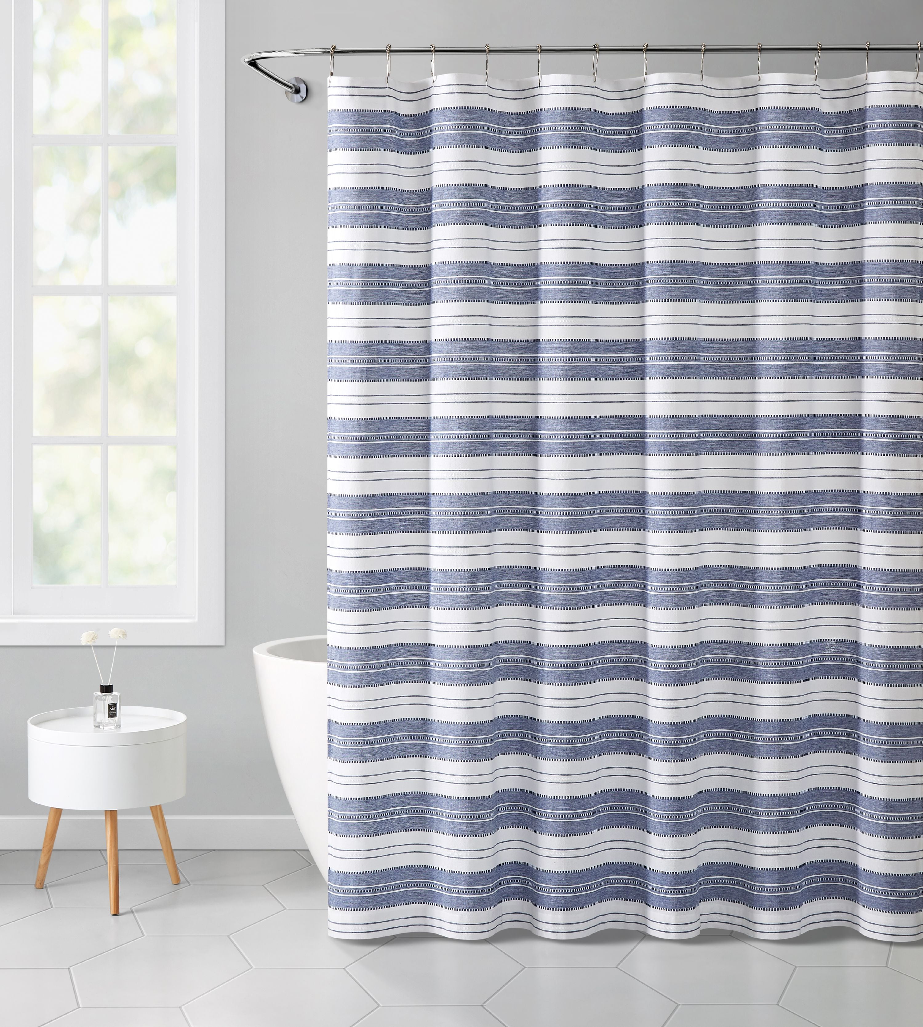 VCNY Home Stripe Eyelet Polyester Shower Curtain,72"x72", Navy