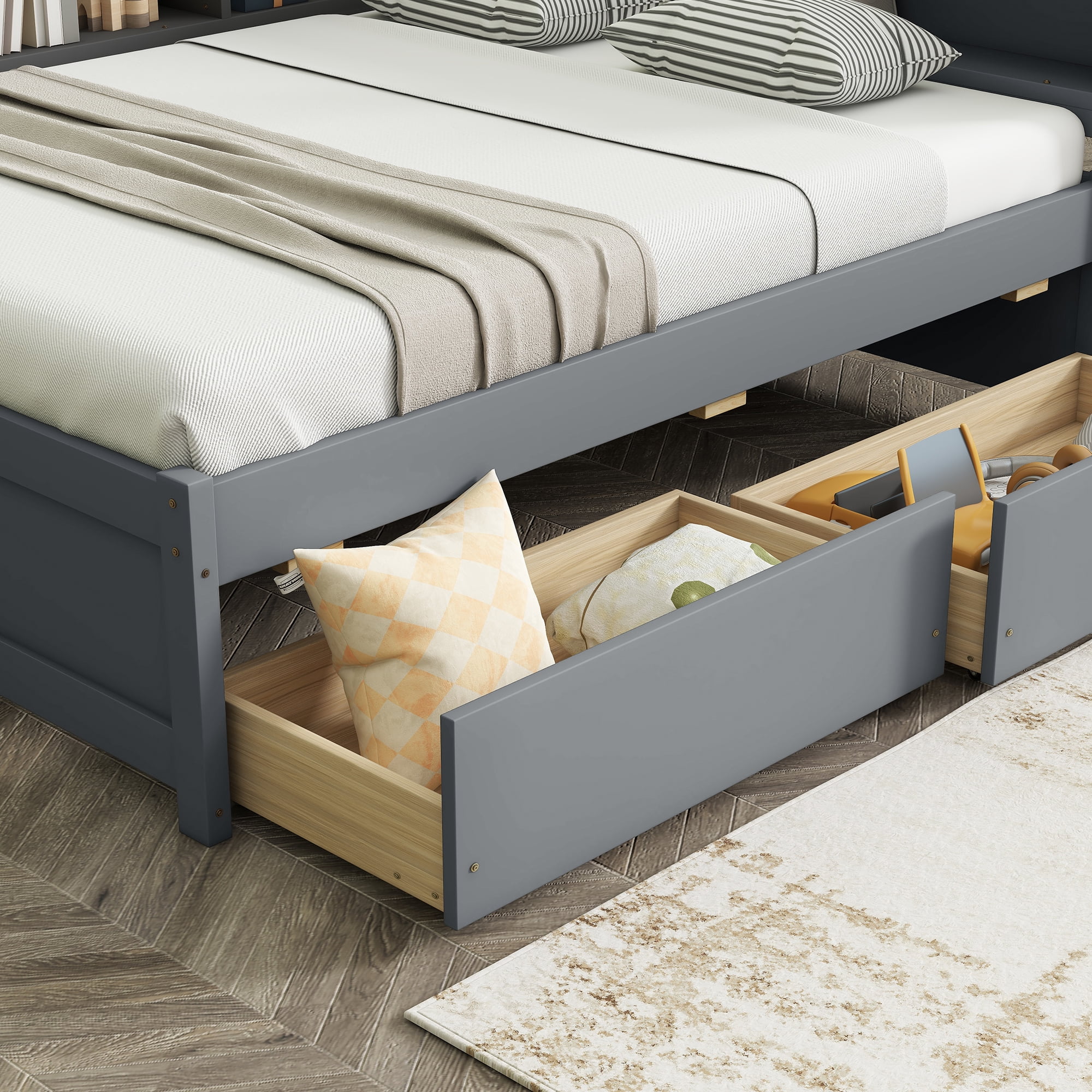 Sailvan Full Size L-shaped Bookcases Bed with Power Outlets, USB Charging Ports,Two Drawers