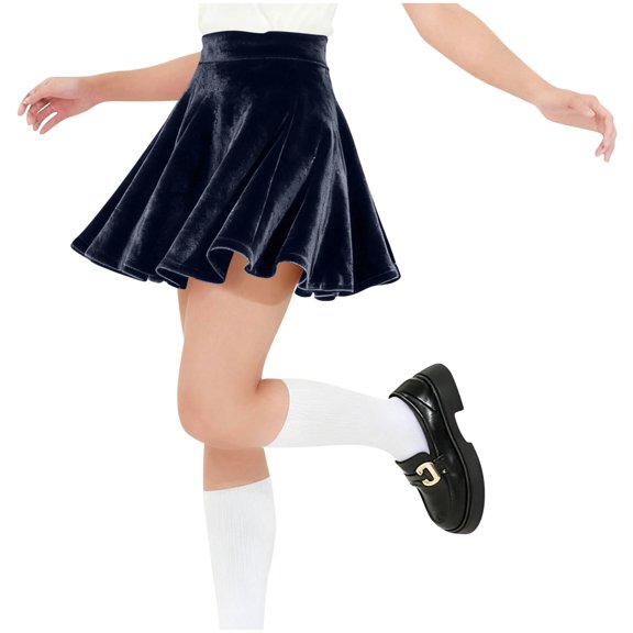 Girls Velvet Flared Skirts Casual High Waist Pleated Mini Skater Skirt Stretch Plain Uniform Skirt Navy, 9-10 Y
