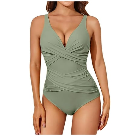 Long Sleeve One-Piece Swimsuit Women s Ruched Swimsuits V Neck Wrap Swimwear Slim Fitting Bathing Suit Tummy Vintage Padded Swimwear with Adjustable Strap Plus Size Swimsuit for Women Green XXL