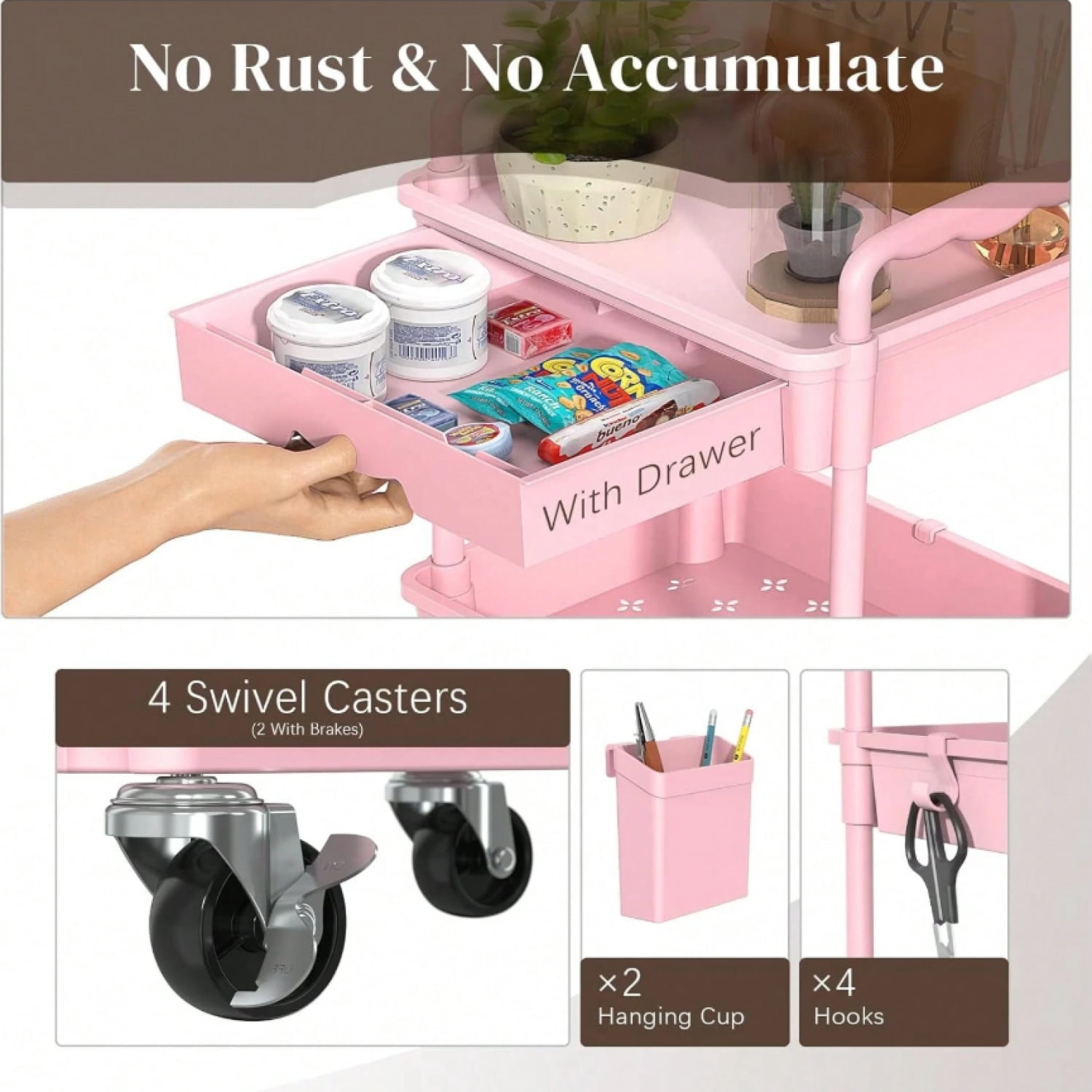 NTGFU 3 Tier Rolling Storage Cart with Drawers Rolling Utility Cart with Drawers,Room Decor,Bathroom Decor,Rolling Utility Cart Rolling Storage Organizer Tool for Kitchen,Pink