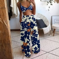 Patlollav Womens Summer Bohemian Floral Print Crop Tops Pants Wide Leg 2 Piece Set