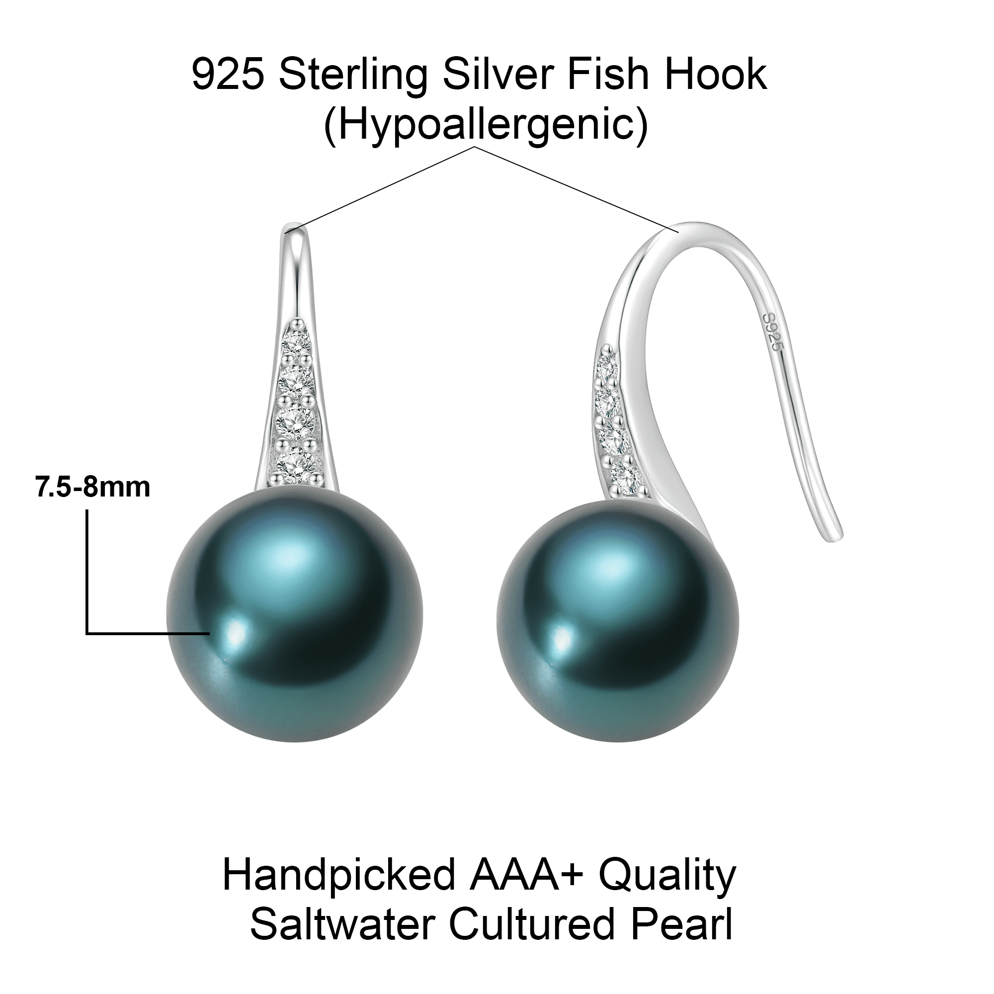 YAMI 7.5-8mm Tahitian Black Pearl Earrings, 925 Sterling Silver Drop Dangle Earrings with CZ, Valentine's Day Jewelry Gift for Women