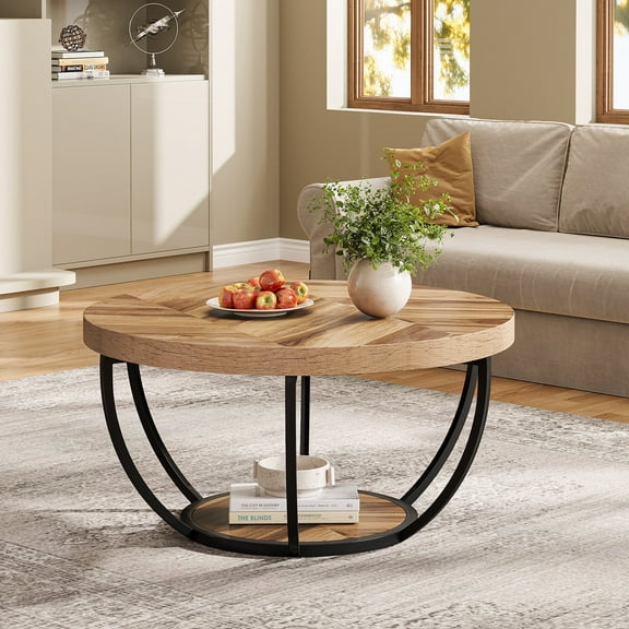 Tribesigns 32 Inches Round Coffee Table, Modern 2-Tier Center Table with Storage Open Shelves, Wooden Circle Coffee Table Sofa Side Table with Metal Legs, Wooden Grain and Black