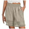 thumbnail image 3 of Ladies Shorts Summer Solid Boho Cutout Design Casual Linen Shorts High Waist Wide Leg Shorts Beach Vacation Ready Women Running Shorts Khaki XL, 3 of 7