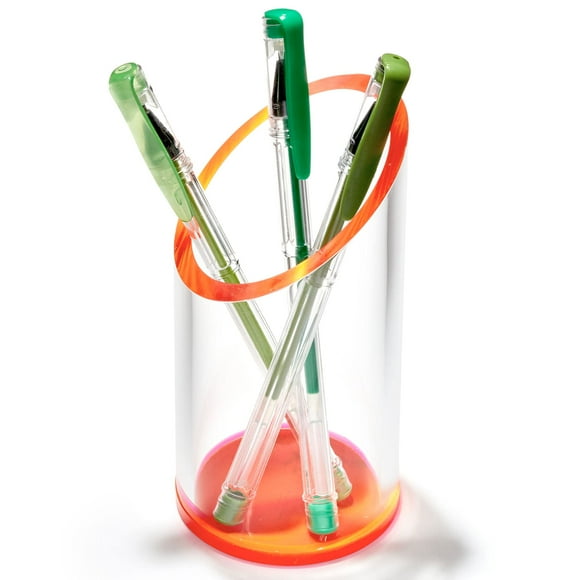 OfficeGoods Porte-Stylo et Crayon en Acrylique - Design Cylindre Moderne - Bel Organisateur de Bureau pour Maison Ou Bureau - Base et Bord Contrastants - 5.25 H x 2.5 W - Rouge Néon