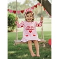 thumbnail image 5 of BemeyourBBs 3Pcs Newborn Girl My First Valentine Day Outfit Spring Clothes Ruffle Long Sleeve Crew Neck Heart Print Romper Tank Overall Dress and Headband Set, 5 of 9