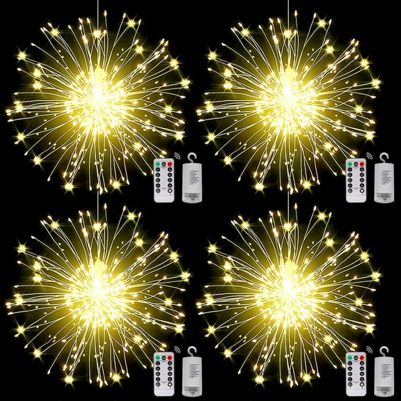 4 Pack Solar Firework Lights 120 LED Solar Garden Dandelion Christmas Lights Lights, 8 Lighting Modes Solar Starburst Lights with Remote for Outdoor Pathway Flowerbed Party Decorations (Warm White)