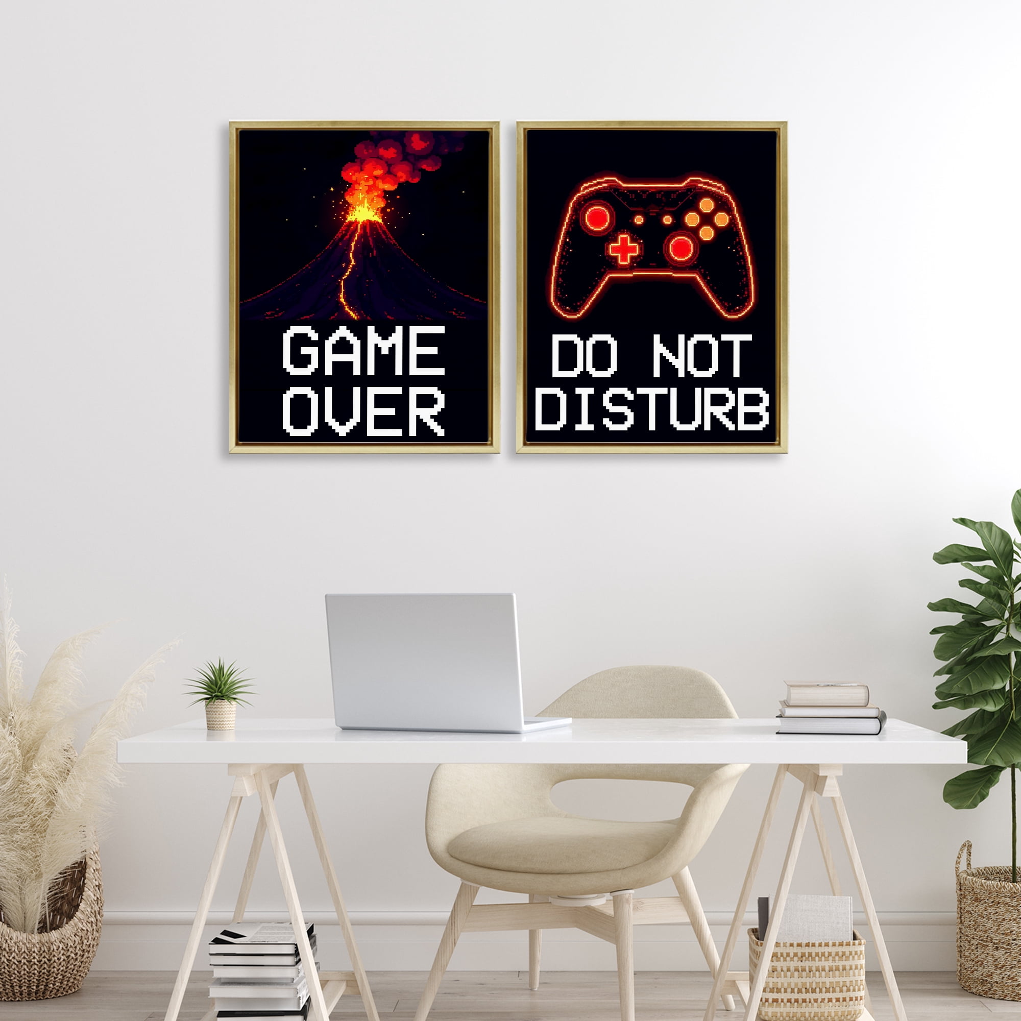 Pixel Game Sentiments 2 Piece Gold Framed Floater Canvas Set, design by Kim Allen