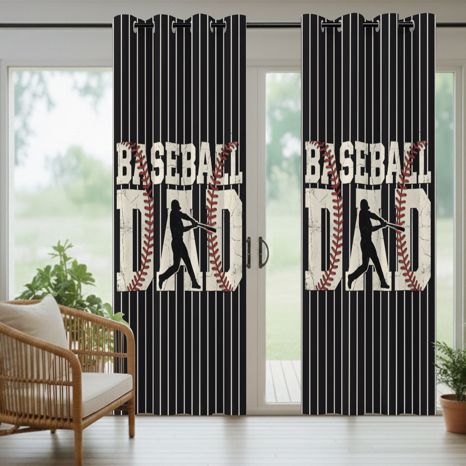 Baseball Dad Outdoor Curtains for Patio, Father's Day Strip Sport Black Background Sunshade Privacy Drapes Grommet Waterproof Outside Curtains for Porch/Cabana/Balcony 54"x 108", 1 Panel