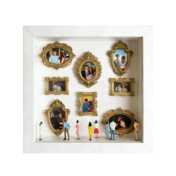 DIY Mini Museum Memory Display – Custom Family Photo Decor with Gold Mini Frames & Figurines