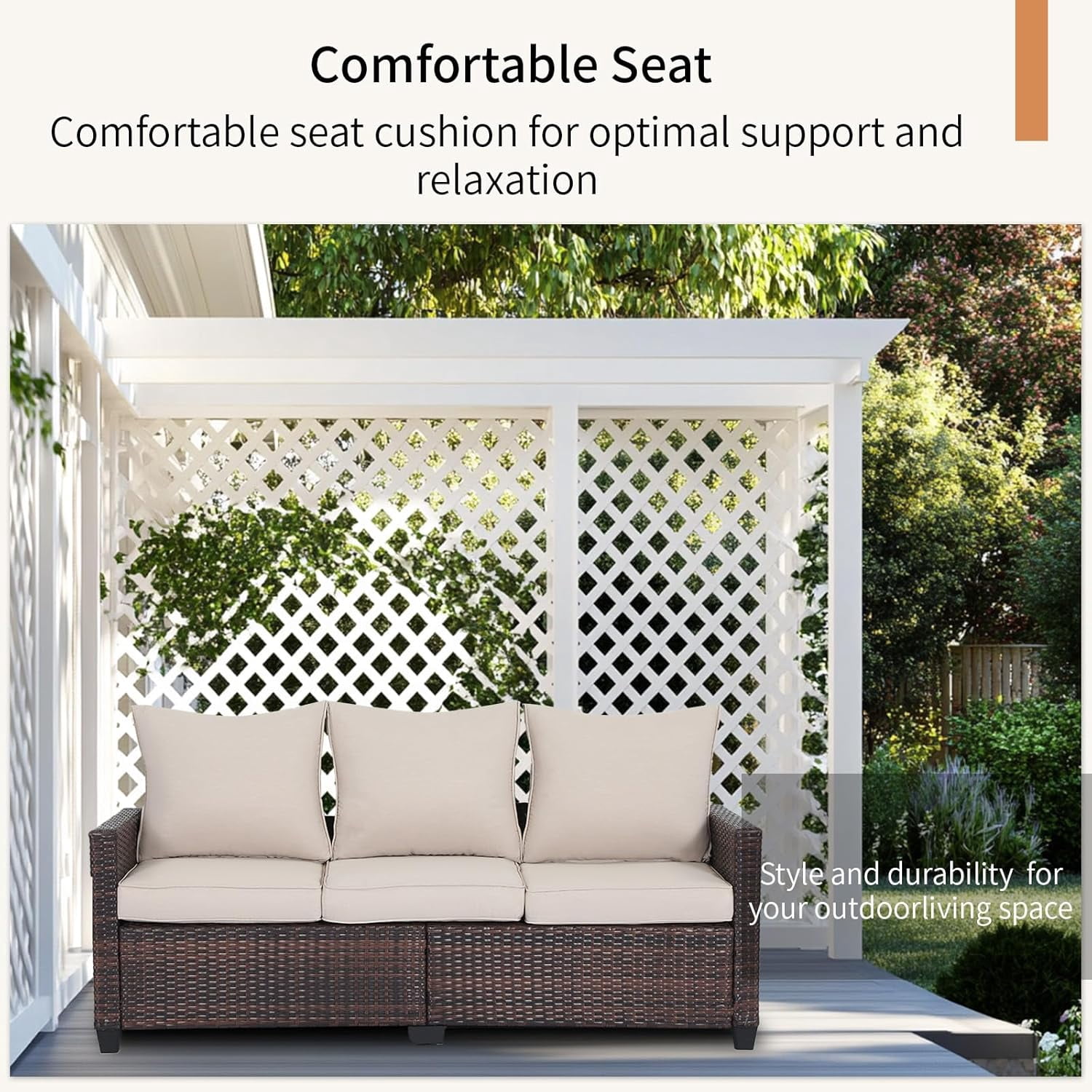 EortheX Outdoor Patio Sofa, 3-Seat Rattan Wicker Couch for Garden Deck or Porch, Comfortable All-Weather Patio Furniture with Anti-Slip Cushions (Beige)
