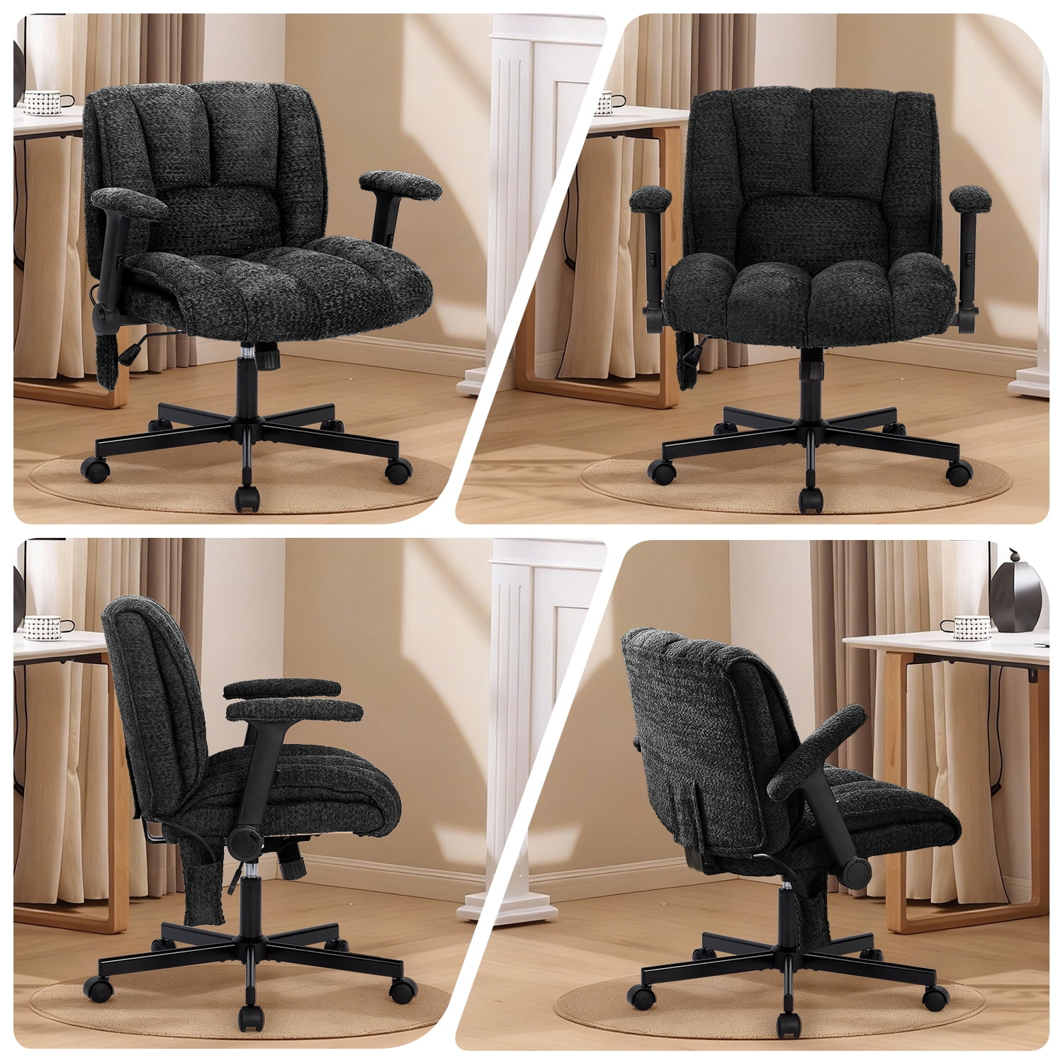 Criss Cross Chair with Dynamic Lumbar Support, Fabric Cross Legged Office Chair with Flip Arms and Wheels, Wide Swivel Vanity Chair for Home Office, Study, Makeup Room