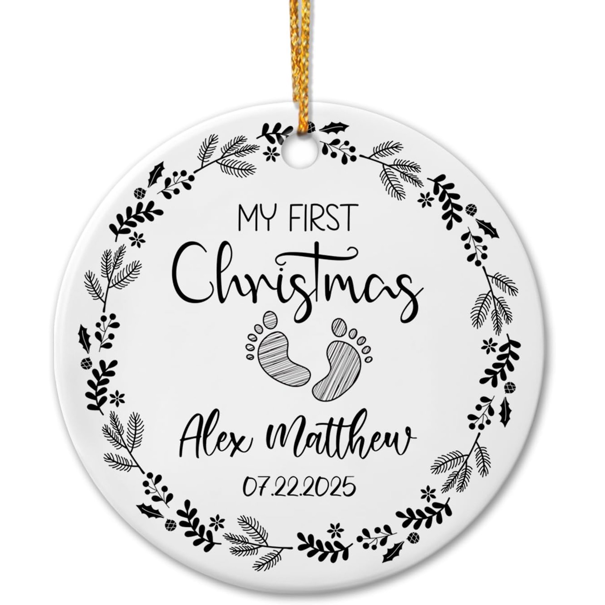 Personalized My First Christmas Ceramic Ornament for New Dad Mom Baby Newborn - Baby's 1st Xmas Gift With Footprints, Custom Birthday & Name - Christmas 2025
