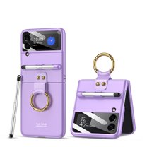 Allytech Case for Samsung Galaxy Z Flip 3 Cover with Pen, Ultra Thin Matte PC Protective Cover with Ring Holder 9H Glass All-Inclusive Camera Lens Protector Case for Galaxy Z Flip3 5G 2021, Purple