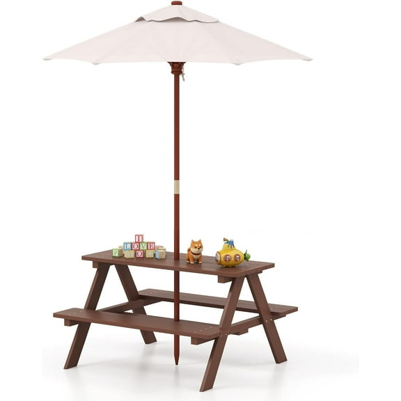 KOTEK Kids Picnic Table with Umbrella Foldable, Wooden Kids Table & Benches for Crafting, Eating & Playing, Outdoor Toddler Activity Table for Backyard, Patio, Garden, Gift for Ages 3-8 (Brown)