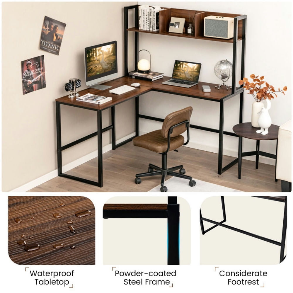 Demi Bonn Reversible L-Shaped Corner Desk with Storage Bookshelf, Small Home Office Desk Study Writing Table, Walnut