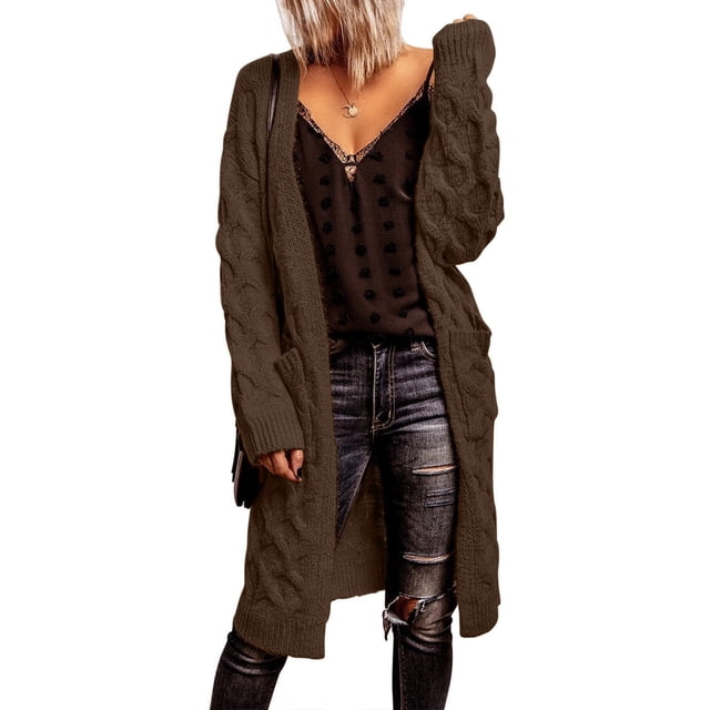 Mode Automne 2023 Cardigan d'Hiver à Manches Longues pour Femmes, Couleur Unie, avec Poches, en Liquidation