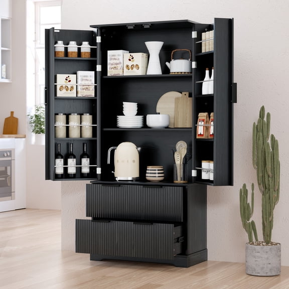 72" Tall Kitchen Pantry Cabinet with 2 Large Drawers, Fluted Cupboard Cabinet with 8-Door Spice Rack and Storage Shelves, Wood Storage Cabinet for Bathroom, Dining Room, Kitchen, Black