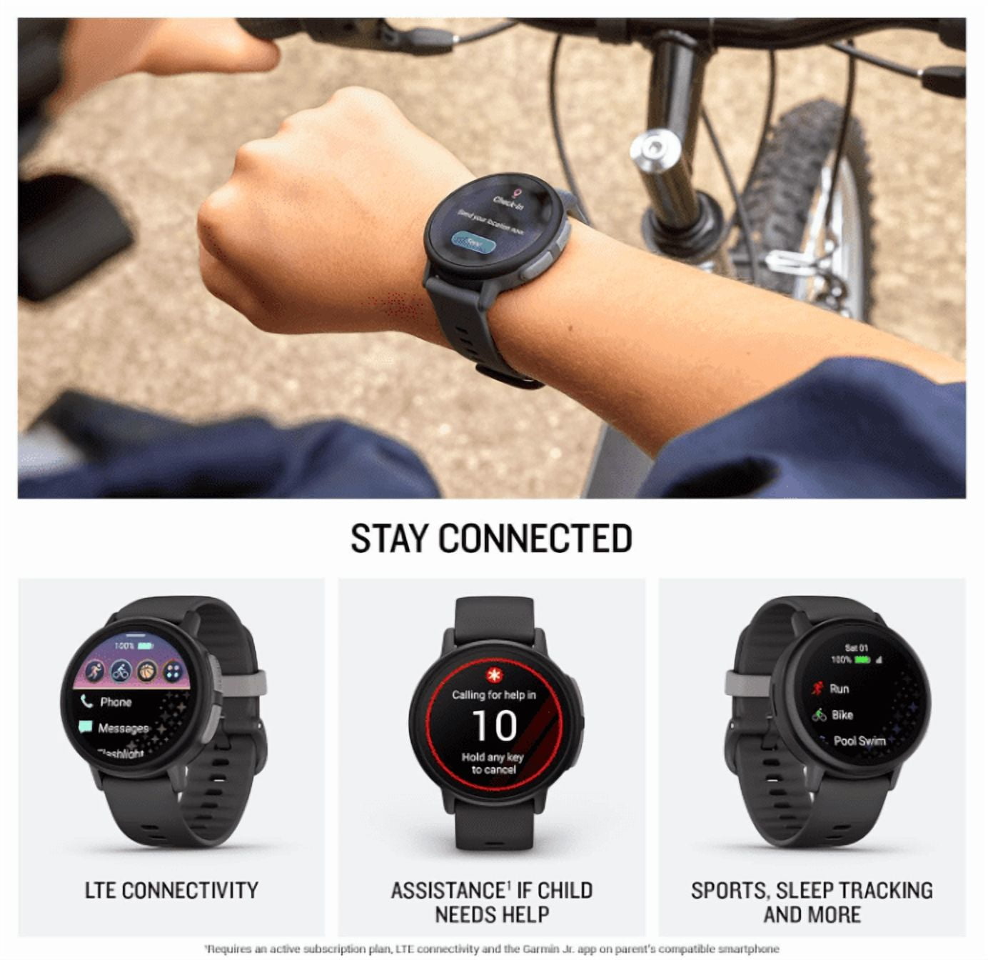 Garmin Bounce 2 Kids Smartwatch with LTE – Two-Way Calling, Text Messaging, Real-Time GPS Tracking, Swim-Friendly AMOLED Display, Music, Slate Gray w/Wearable4U White EarBuds Bundle