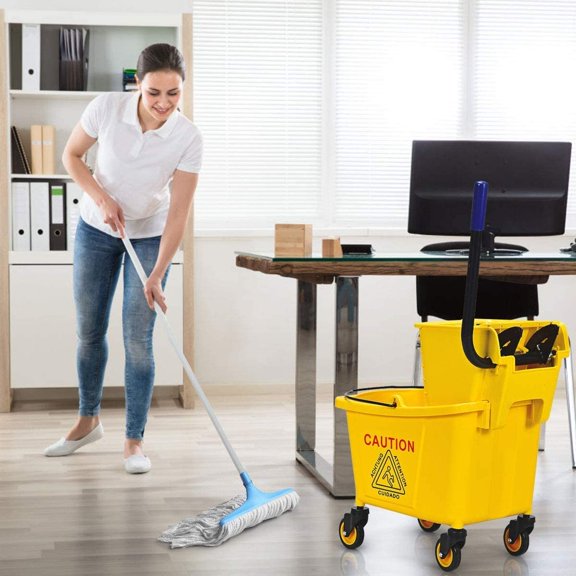 Commercial Mop Bucket, All-in-one Tandem Floor Cleaning Wavebrake, Side Press Cleaning Wringer Portable Trolley On Wheels, Ideal for Household, Commercial, Restaurant, 26 Quart Capacity
