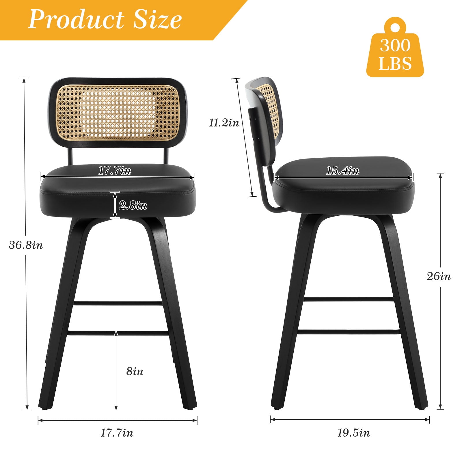 Swivel Counter Height Bar Stools, Set of 2, 26" Seat Height Upholstered PU Leather Barstools with Rattan Back Wood Legs for Home Kitchen Island, Black