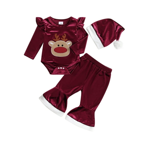 FeMereina Baby Girls Christmas Outfits Long Sleeve Velvet Romper with Flare Pants Hat Set Newborn Clothes
