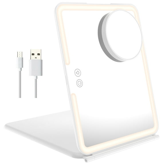 Rechargeable Travel Mirror with 10X Magnifying Mirror Lighted Makeup Mirror Foldable Travel Makeup Mirror 3 Color Lights Touch Screen Cosmetic Mirror for Travel