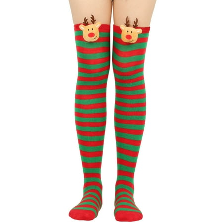 

ZPAQI Christmas Cute 3D Plush Reindeer Striped Over Knee Thigh High Socks for Woman