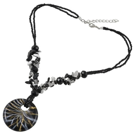 Black Glass Necklace - Women Jewelry 1.5 Dia Round Pendant Glitter Powder Floral Glass Necklace Black