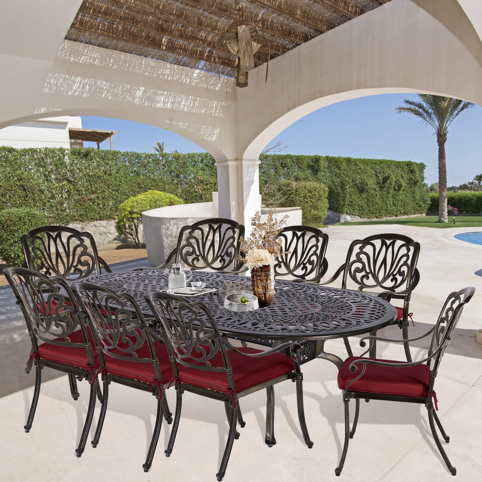 9-Piece Patio Cast Aluminum Dining Set, Outdoor Dining Furniture Set for 8 Person, Includes 84" Oval Table and 8 Cushioned Chairs with Umbrella Hole for Patio Deck Garden, Red