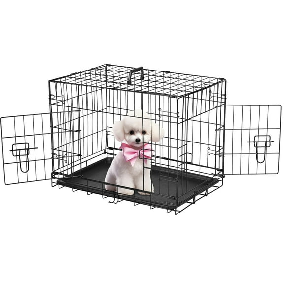 Dog Crate, 24" Folding Double-Door Metal Dog Cage with Divider and Leak-Proof Tray, Portable Pet Kennel for Small Dogs, Indoor/Outdoor Use