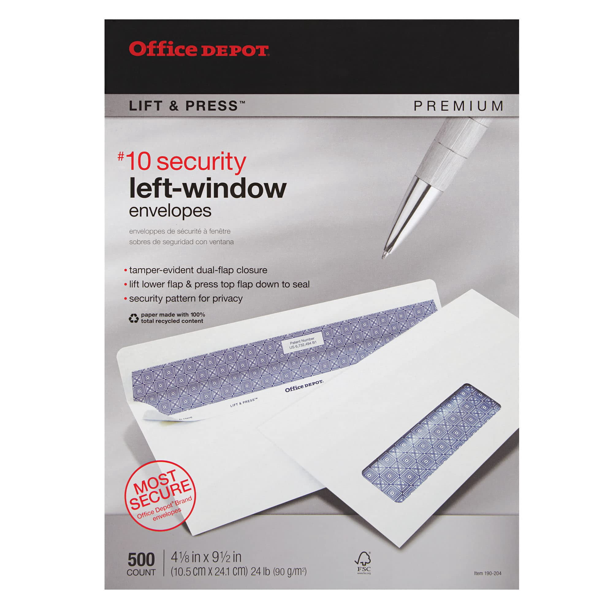 Office Depot 100% Recycled Lift  Press(TM) Window Envelopes, #10 (4 1/8in. x 9 1/2in.), White, Pack Of 500, 76171