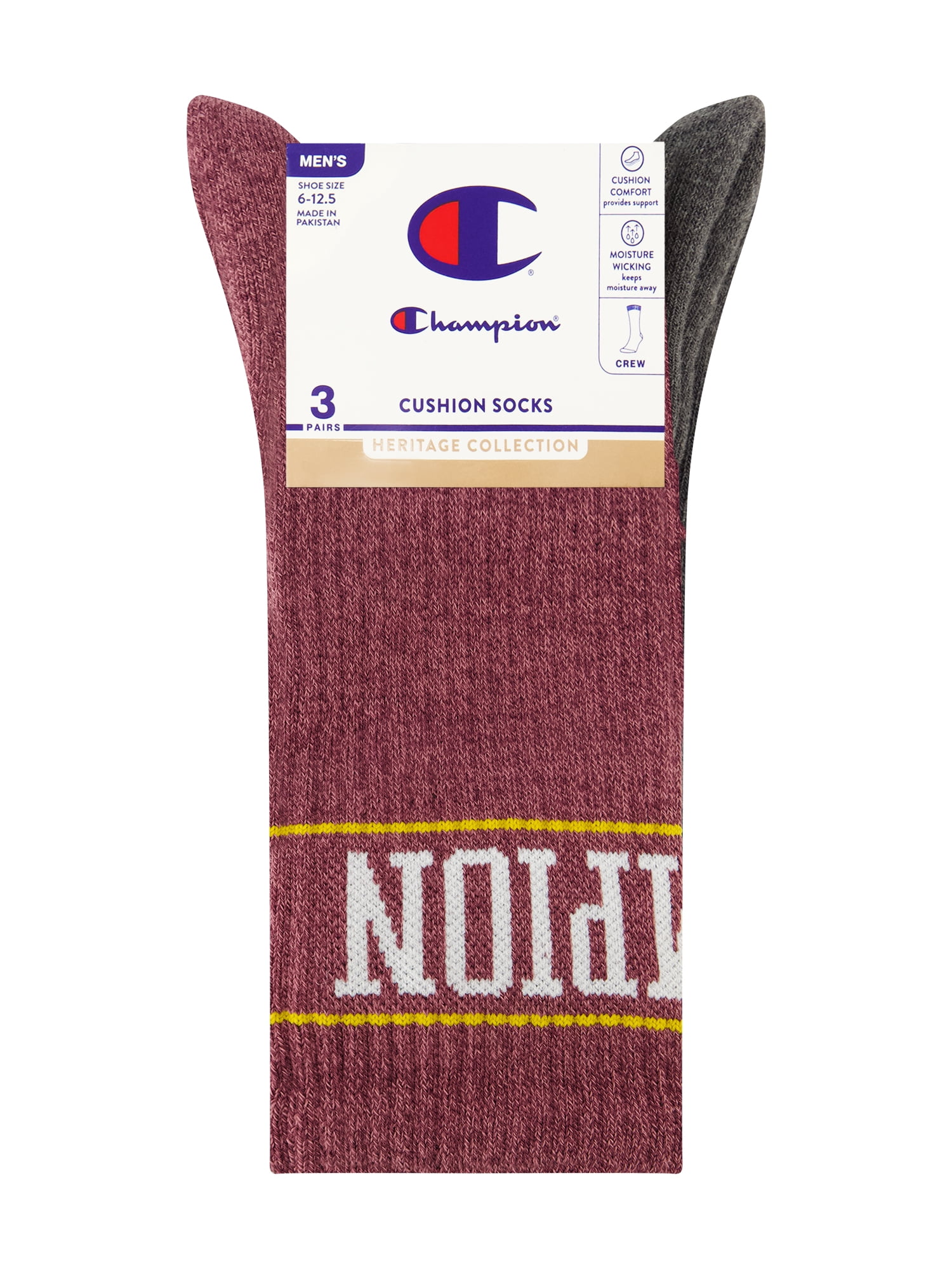 Champion Men’s Crew Socks 3 Pack – Half Terry Cushion, Moisture-Wicking, Arch Support, Stretch Comfort, Sizes 6–12.5