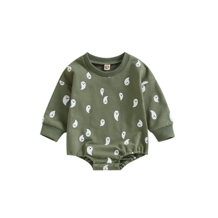 

Qtinghua Newborn Baby Girl Boy Casual Crew Neck Romper Long Sleeve Ghost Print Halloween Fall Clothes Green 3-6 Months